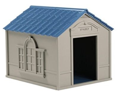 A plastic large dog house for outdoor use with blue roof
