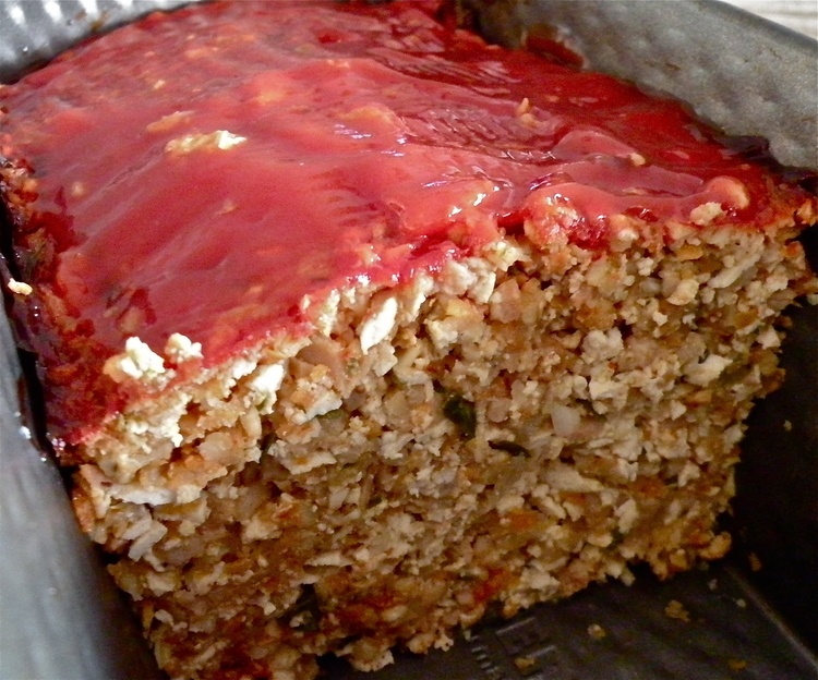 Vegetarian Meatloaf topped with Ketchup