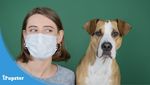 Woman wearing surgical mask sitting beside pet dog
