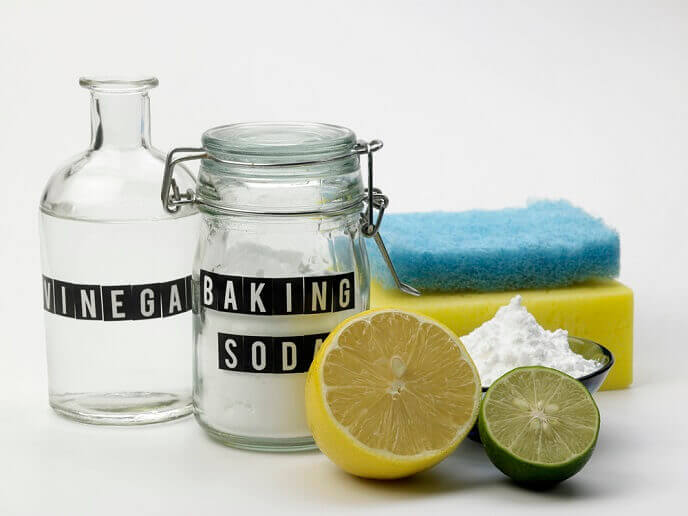 Household products good for cleaning off stains - white vinegar, lemon, baking soda and lime